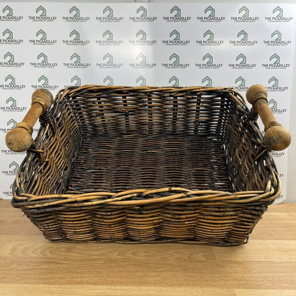 Large Rustic Hand Woven Rattan Storage Basket with Turned Wood Handles Brown